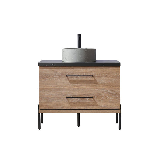 Vinnova Trento 36" Single Sink Bath Vanity In North American Oak With Black Sintered Stone Top With Natural Circular Concrete Sink