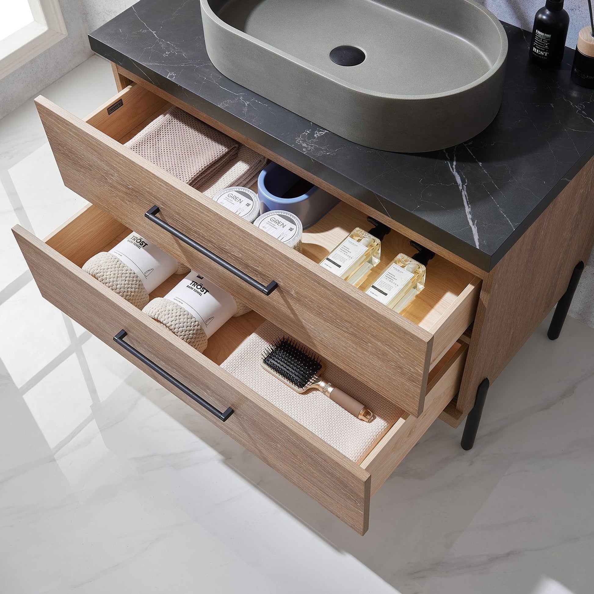 Vinnova Trento 36" Single Sink Bath Vanity In North American Oak With Black Sintered Stone Top With Oval Concrete Sink