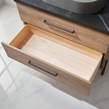 Vinnova Trento 36" Single Sink Bath Vanity In North American Oak With Black Sintered Stone Top With Oval Concrete Sink