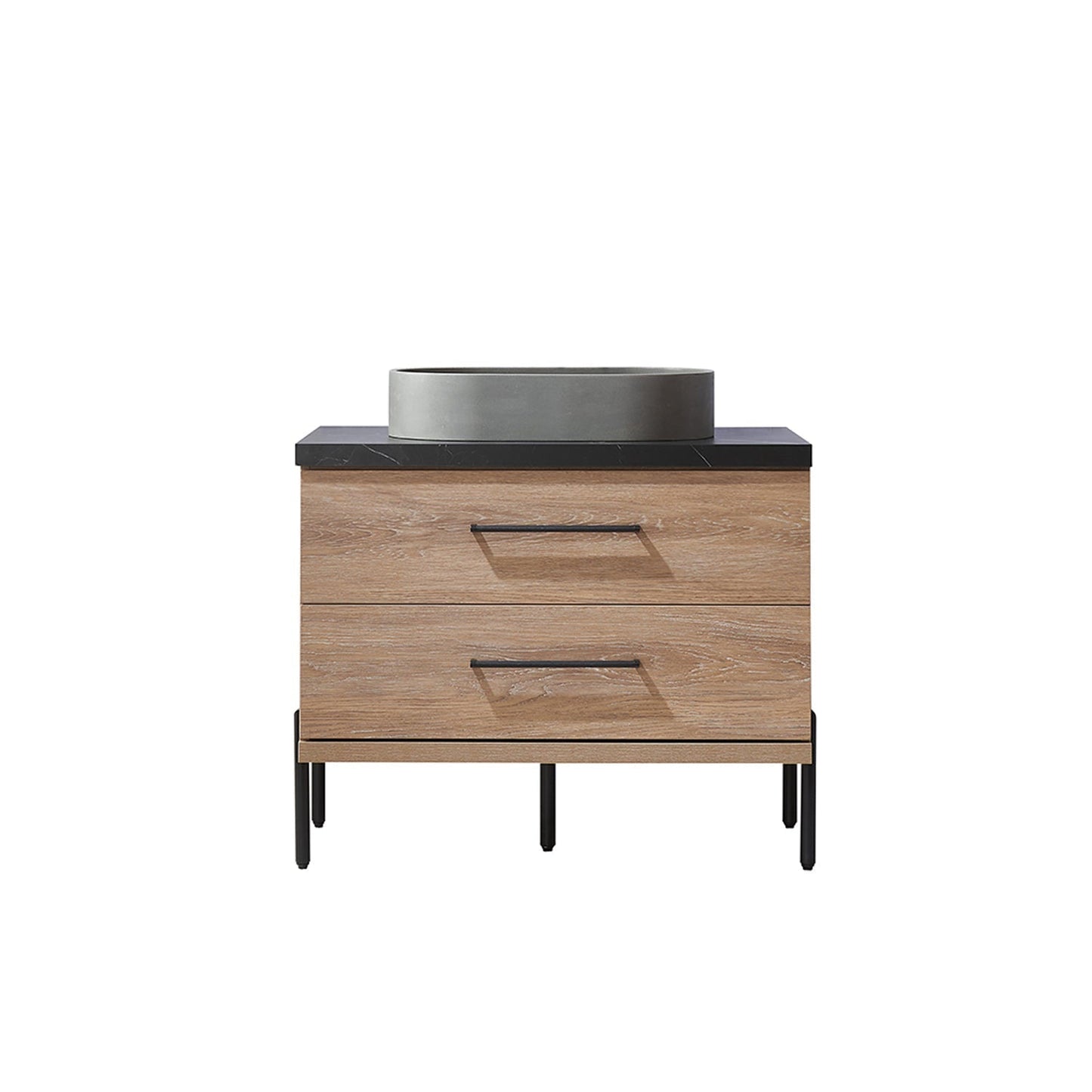 Vinnova Trento 36" Single Sink Bath Vanity In North American Oak With Black Sintered Stone Top With Oval Concrete Sink