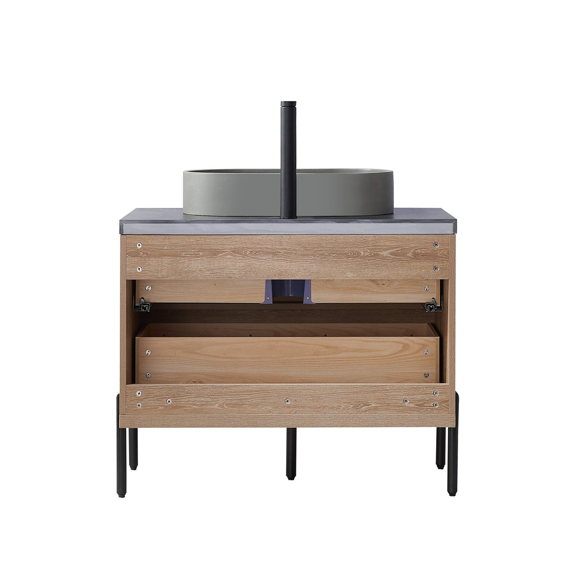 Vinnova Trento 36" Single Sink Bath Vanity In North American Oak With Black Sintered Stone Top With Oval Concrete Sink