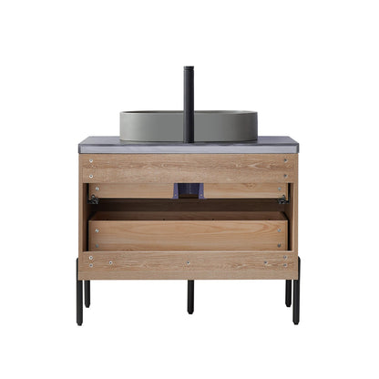 Vinnova Trento 36" Single Sink Bath Vanity In North American Oak With Black Sintered Stone Top With Oval Concrete Sink