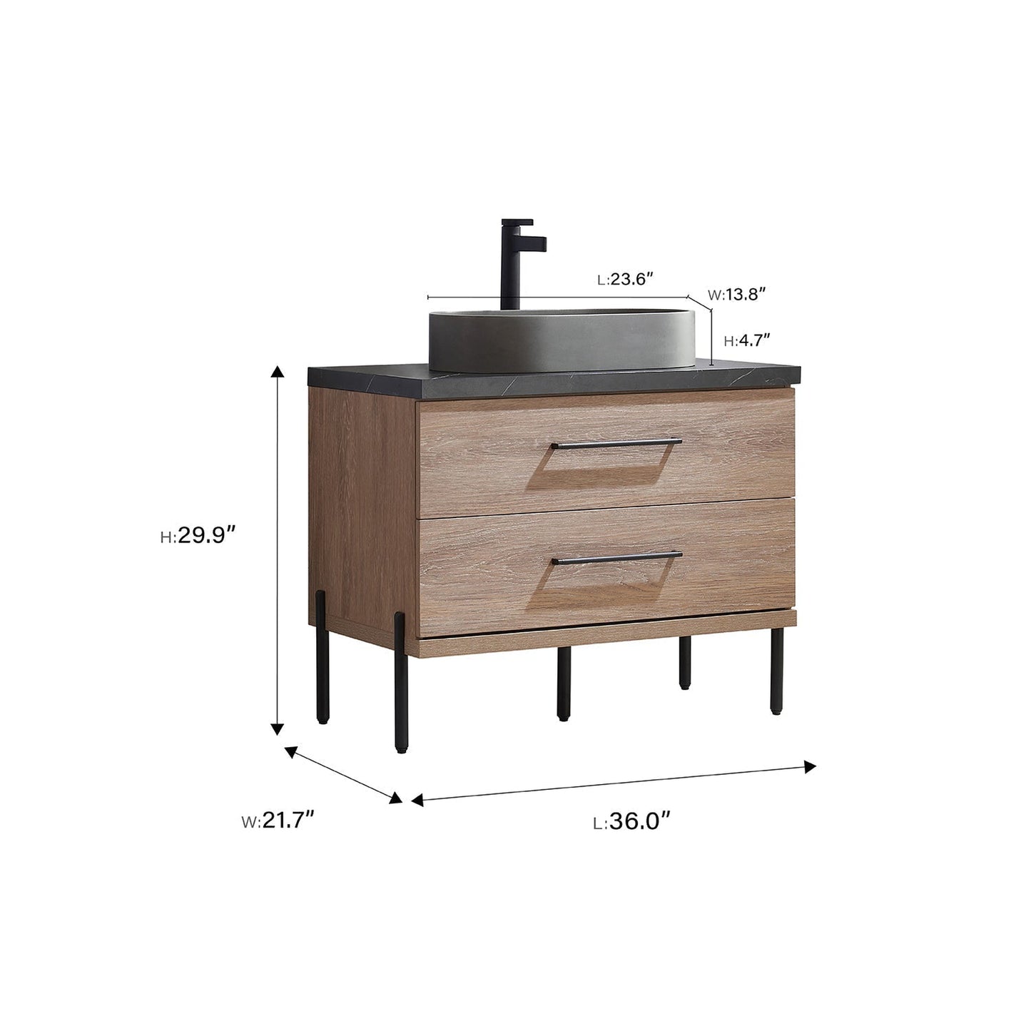 Vinnova Trento 36" Single Sink Bath Vanity In North American Oak With Black Sintered Stone Top With Oval Concrete Sink