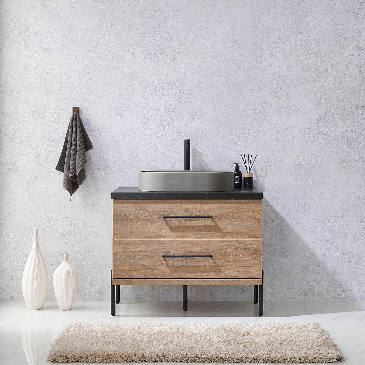 Vinnova Trento 36" Single Sink Bath Vanity In North American Oak With Black Sintered Stone Top With Oval Concrete Sink