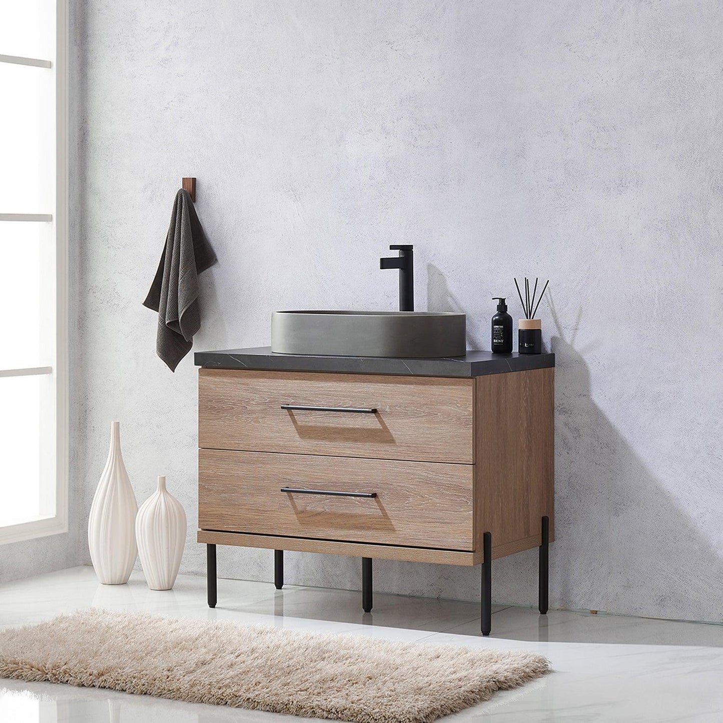 Vinnova Trento 36" Single Sink Bath Vanity In North American Oak With Black Sintered Stone Top With Oval Concrete Sink