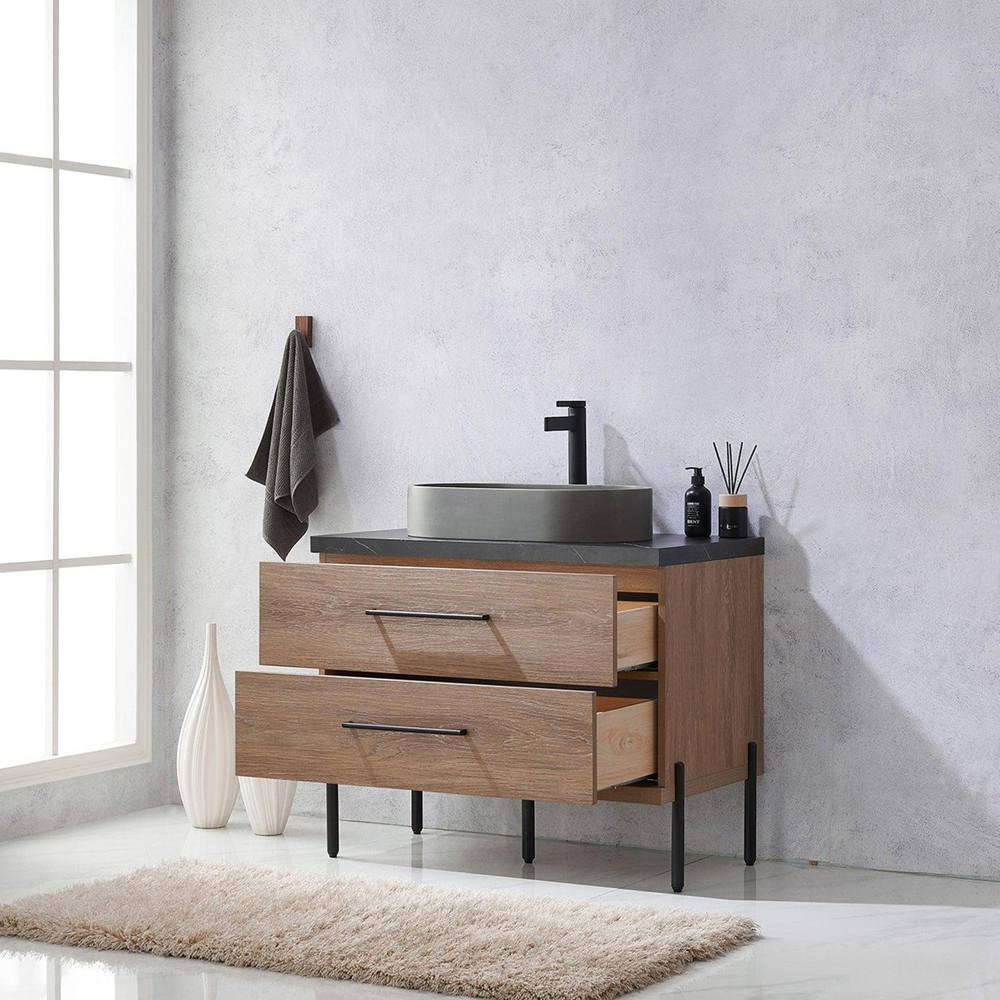 Vinnova Trento 36" Single Sink Bath Vanity In North American Oak With Black Sintered Stone Top With Oval Concrete Sink