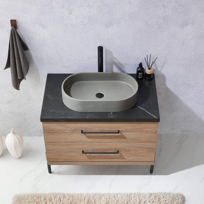 Vinnova Trento 36" Single Sink Bath Vanity In North American Oak With Black Sintered Stone Top With Oval Concrete Sink