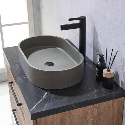 Vinnova Trento 36" Single Sink Bath Vanity In North American Oak With Black Sintered Stone Top With Oval Concrete Sink