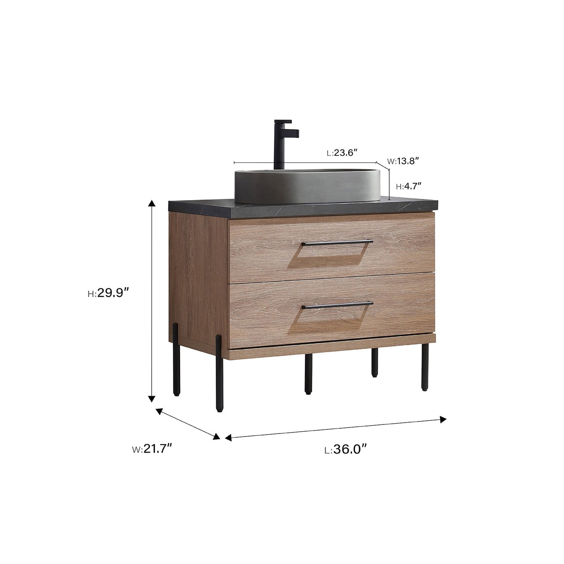 Vinnova Trento 36" Single Sink Bath Vanity In North American Oak With Black Sintered Stone Top With Oval Concrete Sink And Mirror