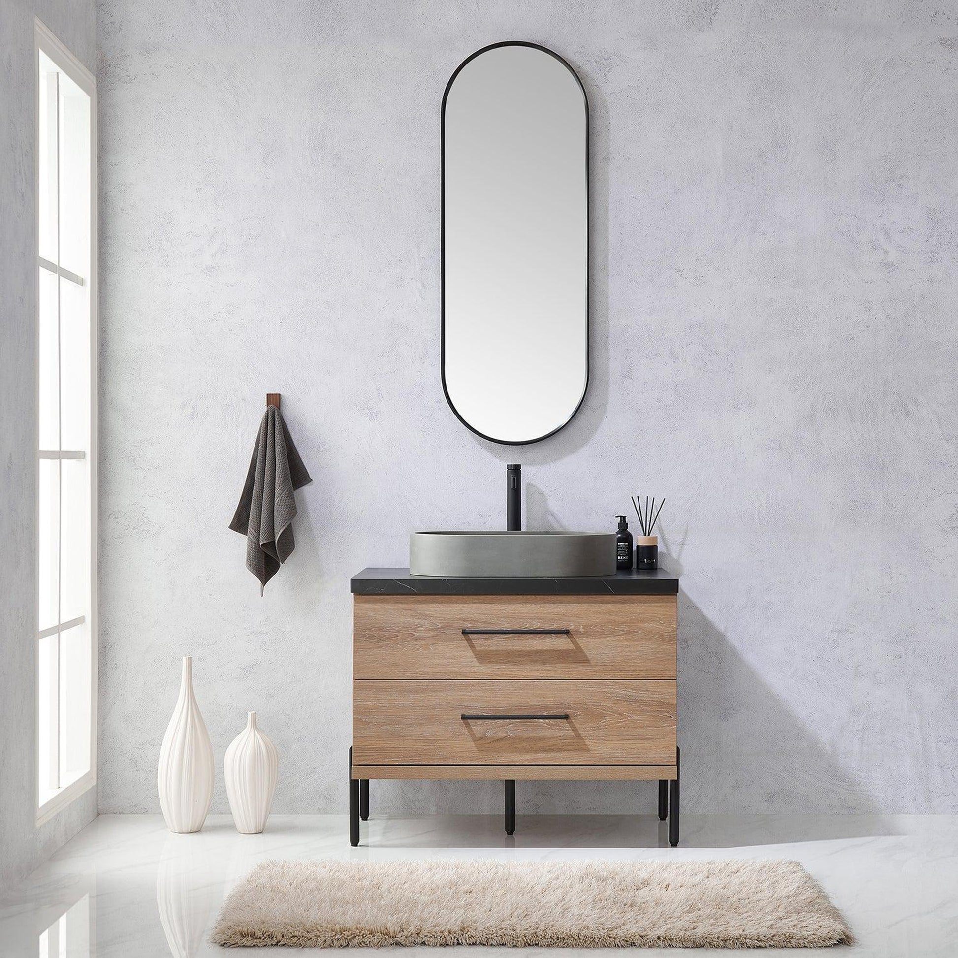 Vinnova Trento 36" Single Sink Bath Vanity In North American Oak With Black Sintered Stone Top With Oval Concrete Sink And Mirror
