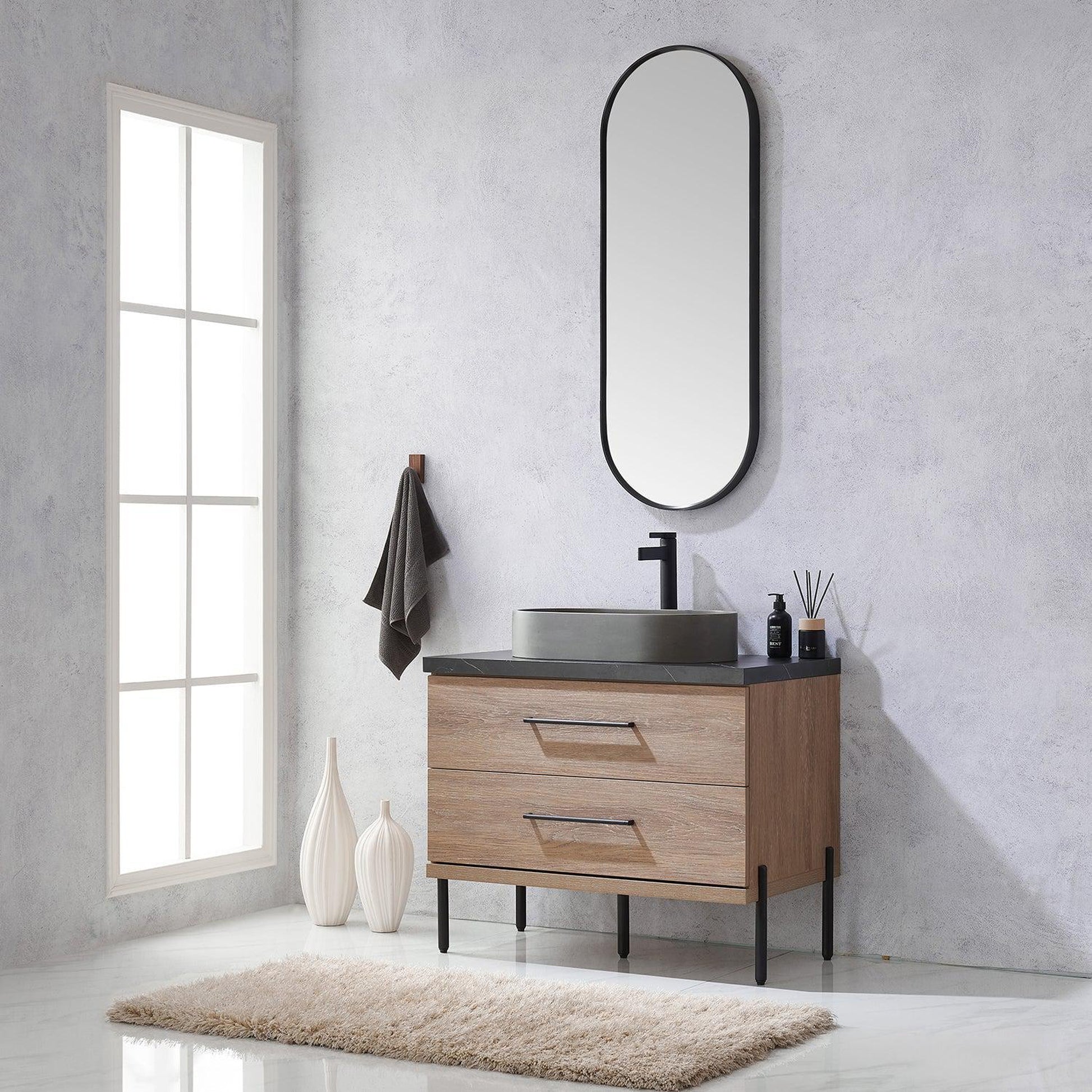 Vinnova Trento 36" Single Sink Bath Vanity In North American Oak With Black Sintered Stone Top With Oval Concrete Sink And Mirror