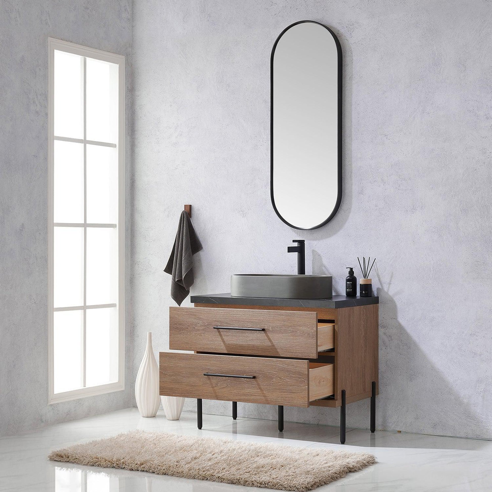 Vinnova Trento 36" Single Sink Bath Vanity In North American Oak With Black Sintered Stone Top With Oval Concrete Sink And Mirror