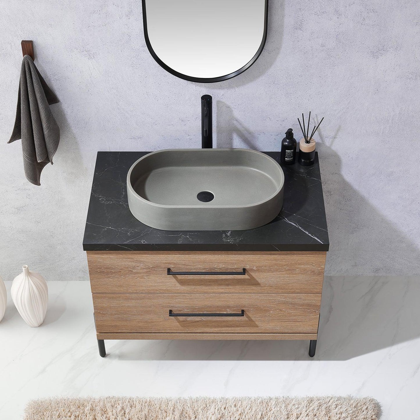 Vinnova Trento 36" Single Sink Bath Vanity In North American Oak With Black Sintered Stone Top With Oval Concrete Sink And Mirror