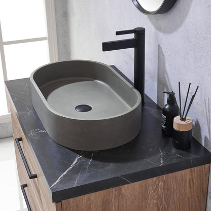 Vinnova Trento 36" Single Sink Bath Vanity In North American Oak With Black Sintered Stone Top With Oval Concrete Sink And Mirror