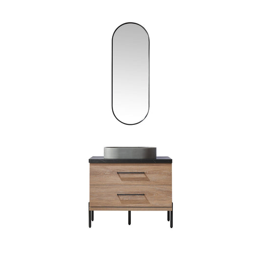 Vinnova Trento 36" Single Sink Bath Vanity In North American Oak With Black Sintered Stone Top With Oval Concrete Sink And Mirror