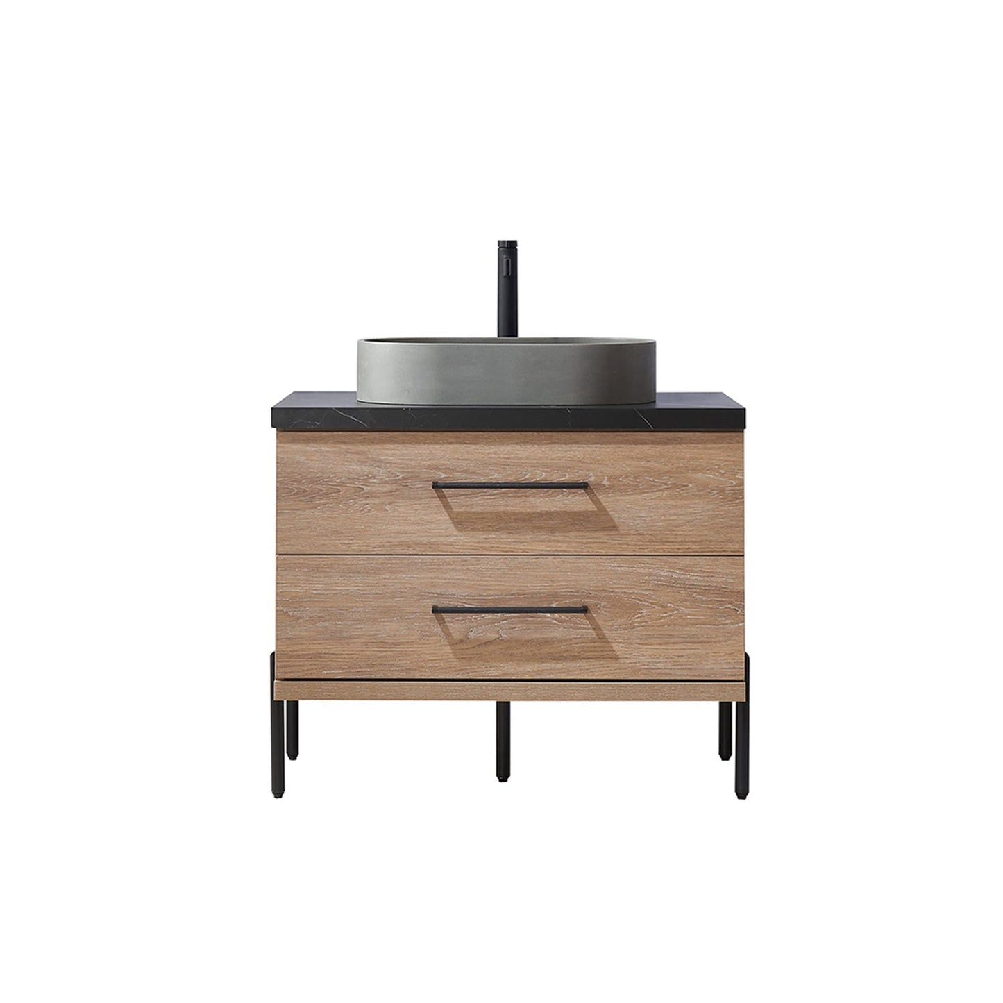 Vinnova Trento 36" Single Sink Bath Vanity In North American Oak With Black Sintered Stone Top With Oval Concrete Sink