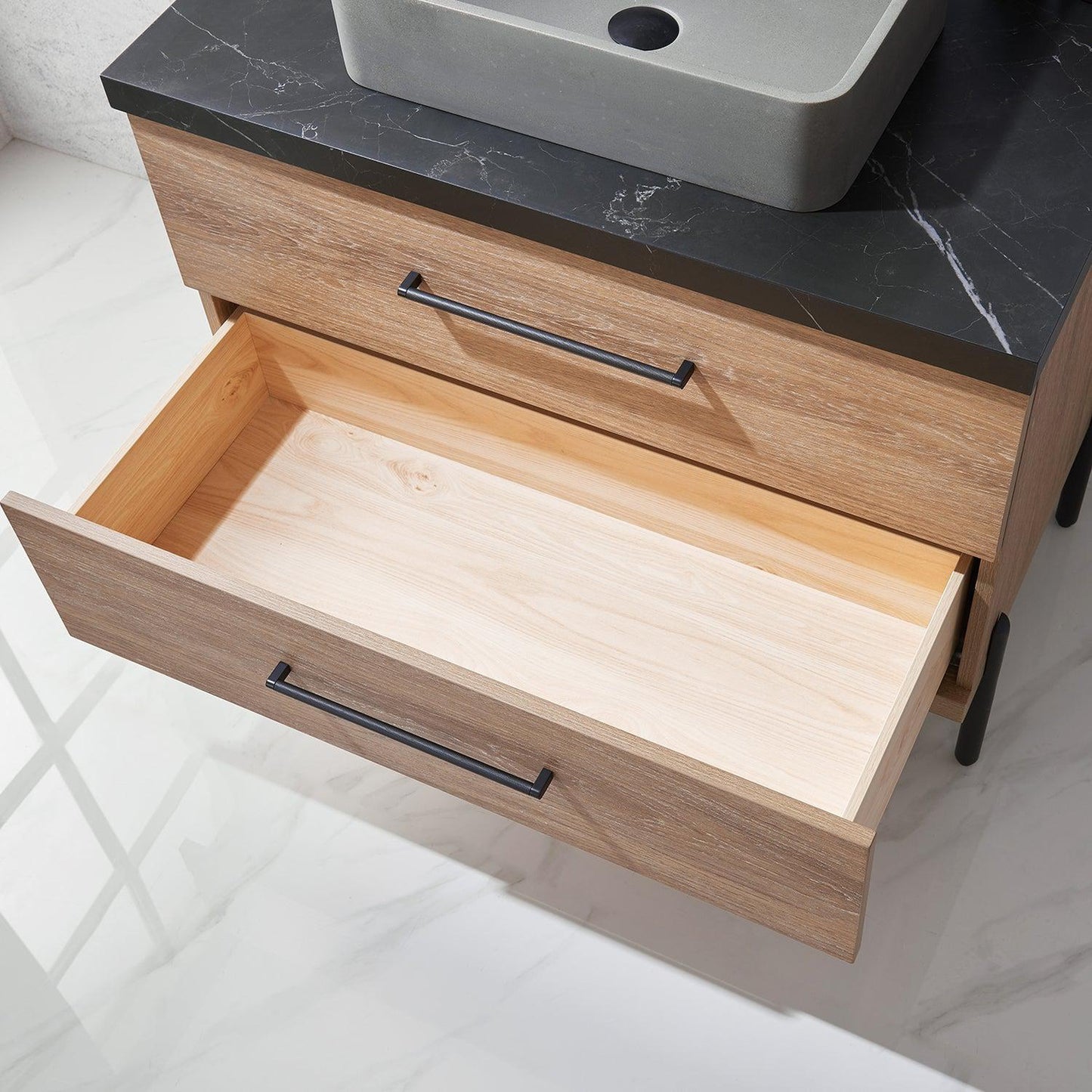 Vinnova Trento 36" Single Sink Bath Vanity In North American Oak With Black Sintered Stone Top With Rectangular Concrete Sink