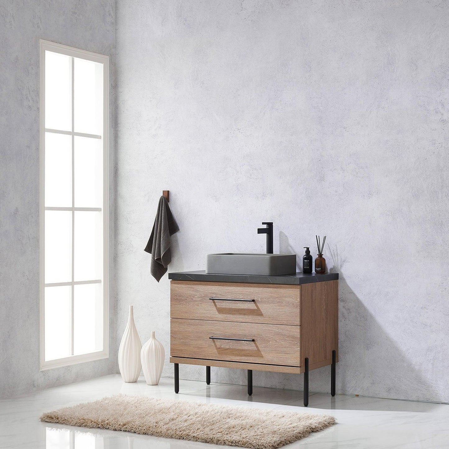 Vinnova Trento 36" Single Sink Bath Vanity In North American Oak With Black Sintered Stone Top With Rectangular Concrete Sink