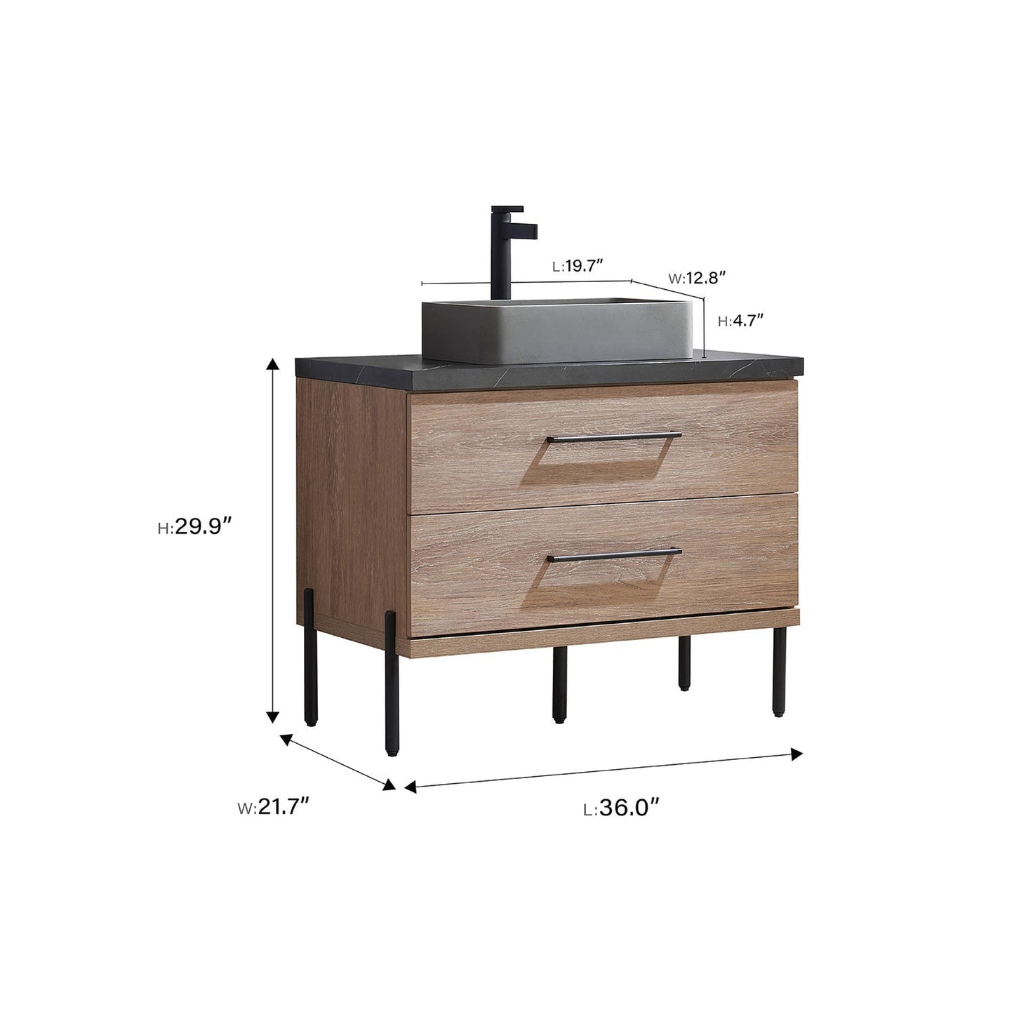 Vinnova Trento 36" Single Sink Bath Vanity In North American Oak With Black Sintered Stone Top With Rectangular Concrete Sink