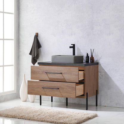 Vinnova Trento 36" Single Sink Bath Vanity In North American Oak With Black Sintered Stone Top With Rectangular Concrete Sink