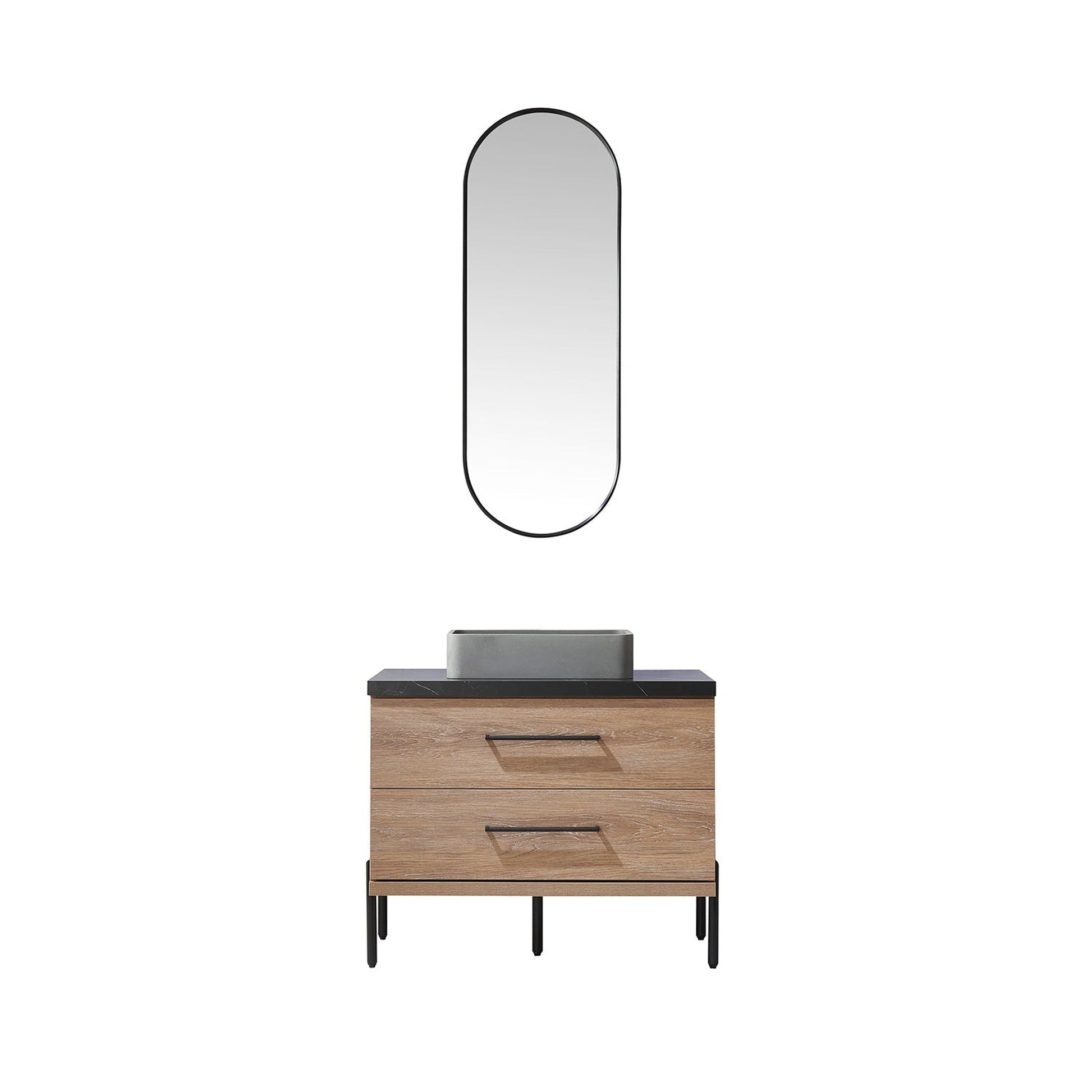 Vinnova Trento 36" Single Sink Bath Vanity In North American Oak With Black Sintered Stone Top With Rectangular Concrete Sink And Mirror