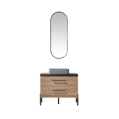 Vinnova Trento 36" Single Sink Bath Vanity In North American Oak With Black Sintered Stone Top With Rectangular Concrete Sink And Mirror