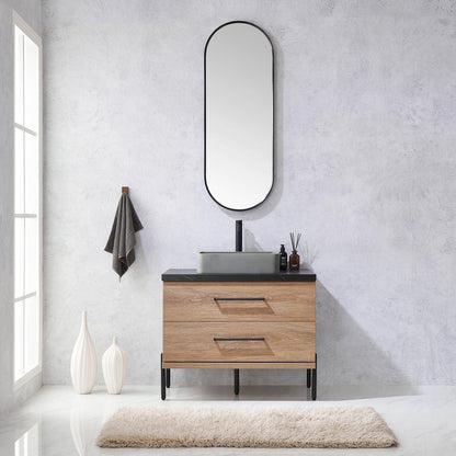 Vinnova Trento 36" Single Sink Bath Vanity In North American Oak With Black Sintered Stone Top With Rectangular Concrete Sink And Mirror