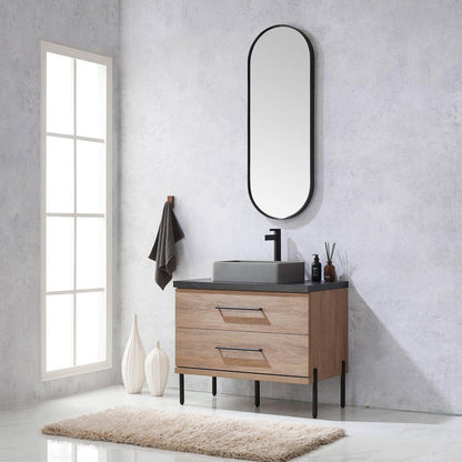 Vinnova Trento 36" Single Sink Bath Vanity In North American Oak With Black Sintered Stone Top With Rectangular Concrete Sink And Mirror