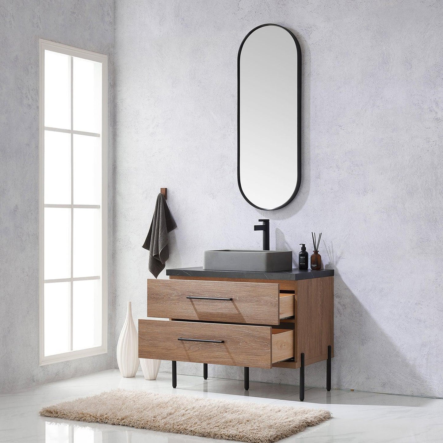 Vinnova Trento 36" Single Sink Bath Vanity In North American Oak With Black Sintered Stone Top With Rectangular Concrete Sink And Mirror