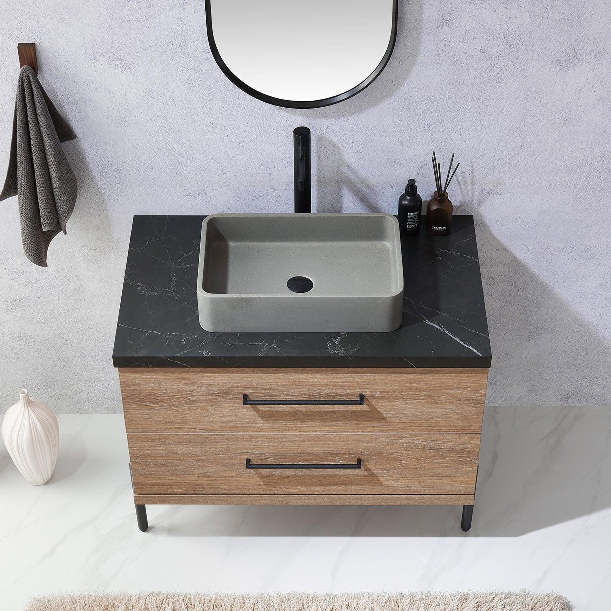 Vinnova Trento 36" Single Sink Bath Vanity In North American Oak With Black Sintered Stone Top With Rectangular Concrete Sink And Mirror