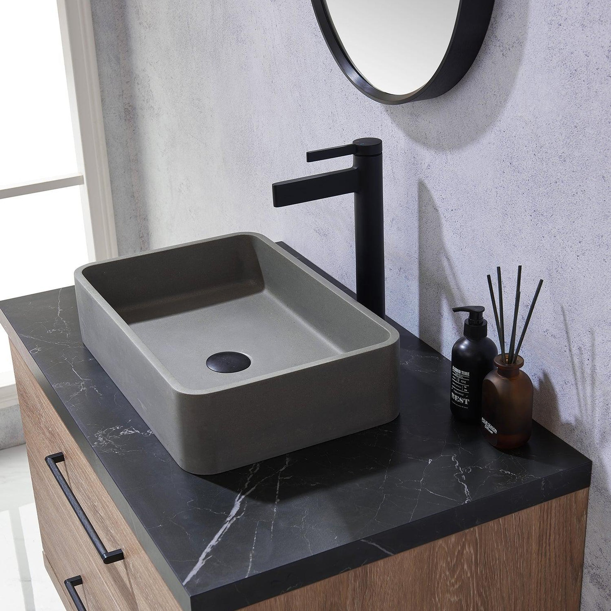 Vinnova Trento 36" Single Sink Bath Vanity In North American Oak With Black Sintered Stone Top With Rectangular Concrete Sink And Mirror
