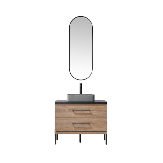 Vinnova Trento 36" Single Sink Bath Vanity In North American Oak With Black Sintered Stone Top With Rectangular Concrete Sink And Mirror