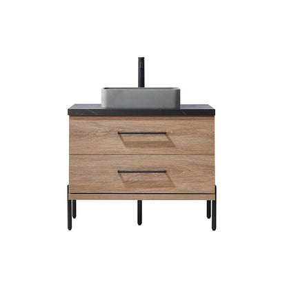 Vinnova Trento 36" Single Sink Bath Vanity In North American Oak With Black Sintered Stone Top With Rectangular Concrete Sink