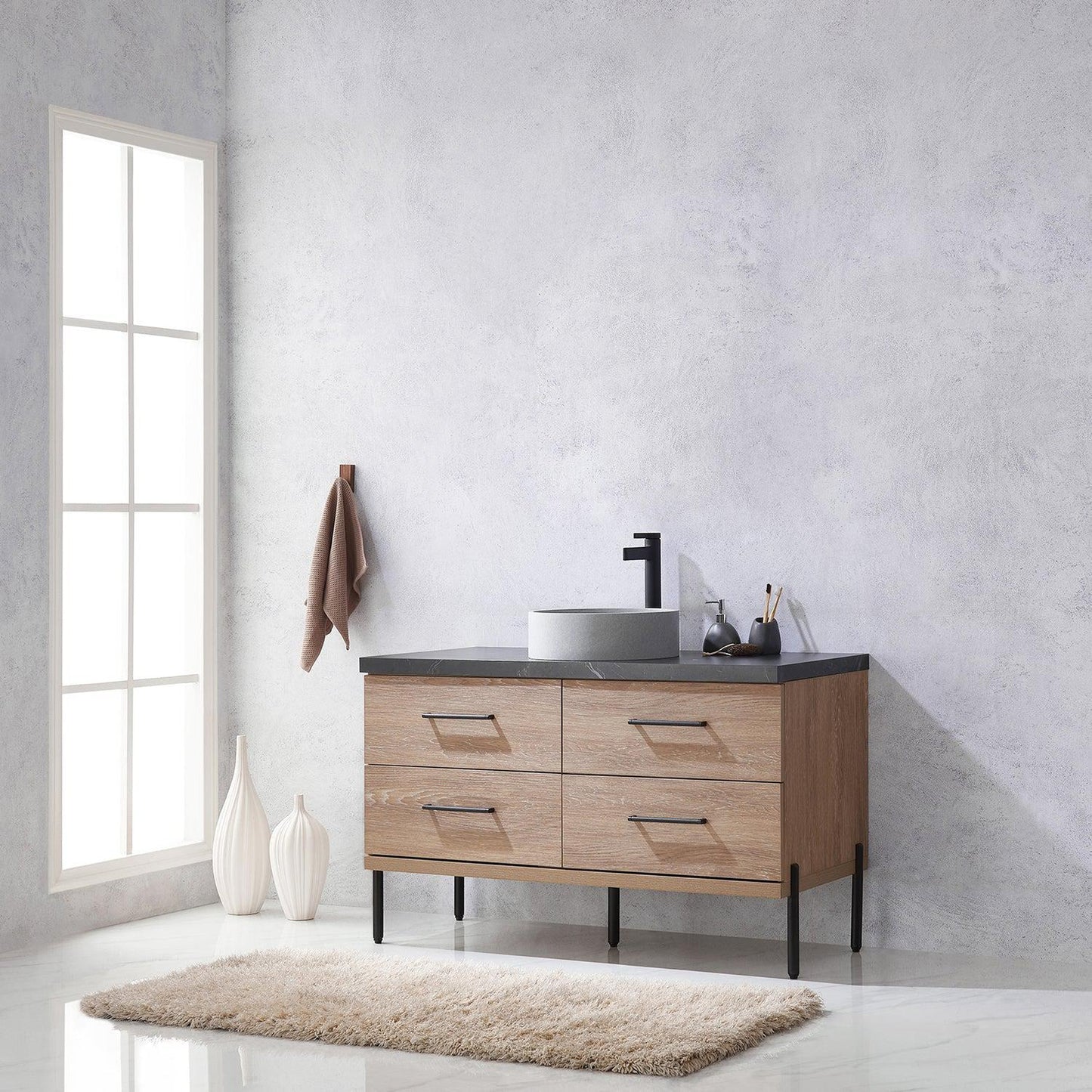 Vinnova Trento 48" Single Sink Bath Vanity In North American Oak With Black Sintered Stone Top With Circular Concrete Sink