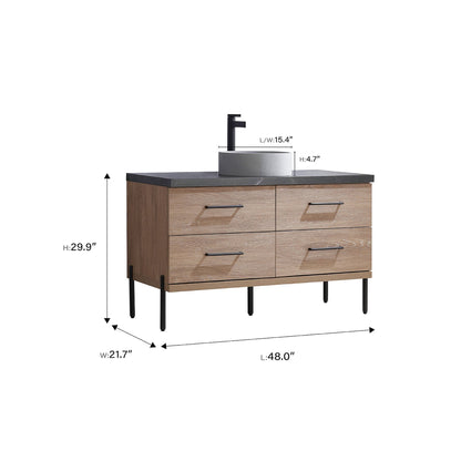 Vinnova Trento 48" Single Sink Bath Vanity In North American Oak With Black Sintered Stone Top With Circular Concrete Sink