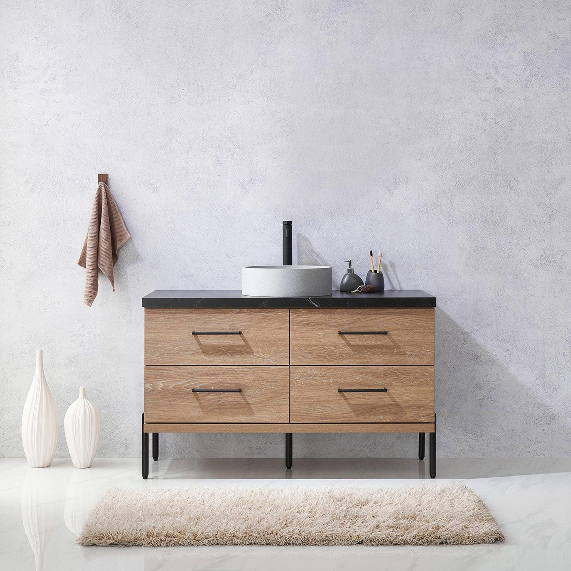 Vinnova Trento 48" Single Sink Bath Vanity In North American Oak With Black Sintered Stone Top With Circular Concrete Sink