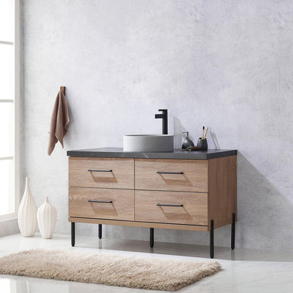 Vinnova Trento 48" Single Sink Bath Vanity In North American Oak With Black Sintered Stone Top With Circular Concrete Sink