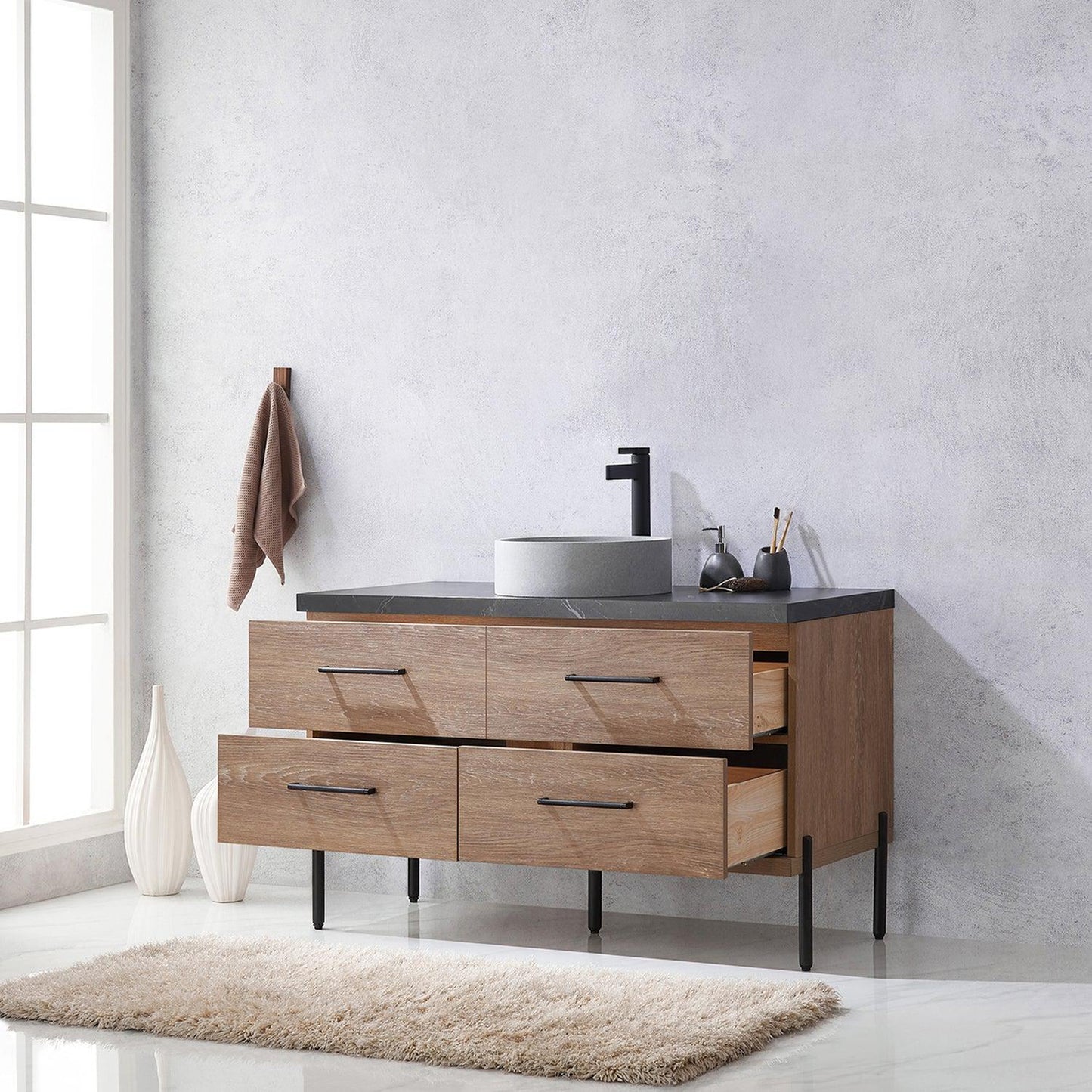 Vinnova Trento 48" Single Sink Bath Vanity In North American Oak With Black Sintered Stone Top With Circular Concrete Sink