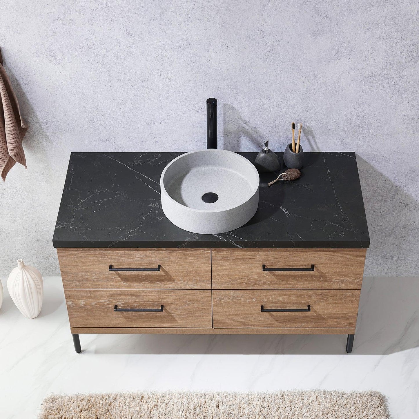 Vinnova Trento 48" Single Sink Bath Vanity In North American Oak With Black Sintered Stone Top With Circular Concrete Sink