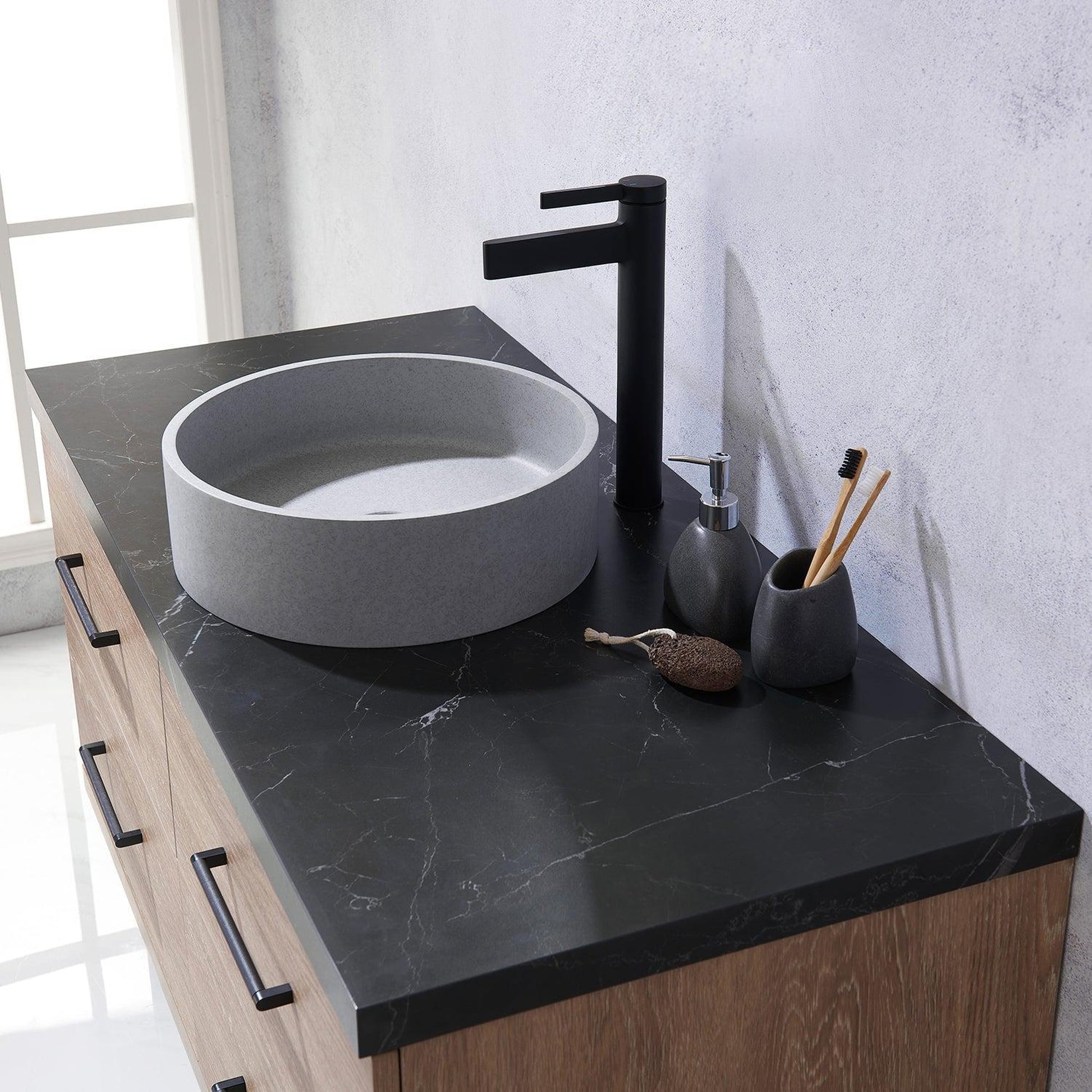 Vinnova Trento 48" Single Sink Bath Vanity In North American Oak With Black Sintered Stone Top With Circular Concrete Sink