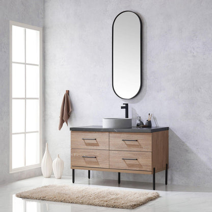 Vinnova Trento 48" Single Sink Bath Vanity In North American Oak With Black Sintered Stone Top With Circular Concrete Sink And Mirror