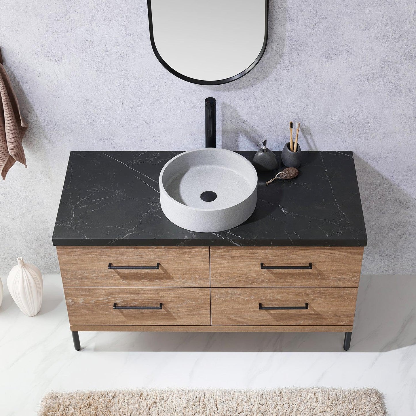 Vinnova Trento 48" Single Sink Bath Vanity In North American Oak With Black Sintered Stone Top With Circular Concrete Sink And Mirror