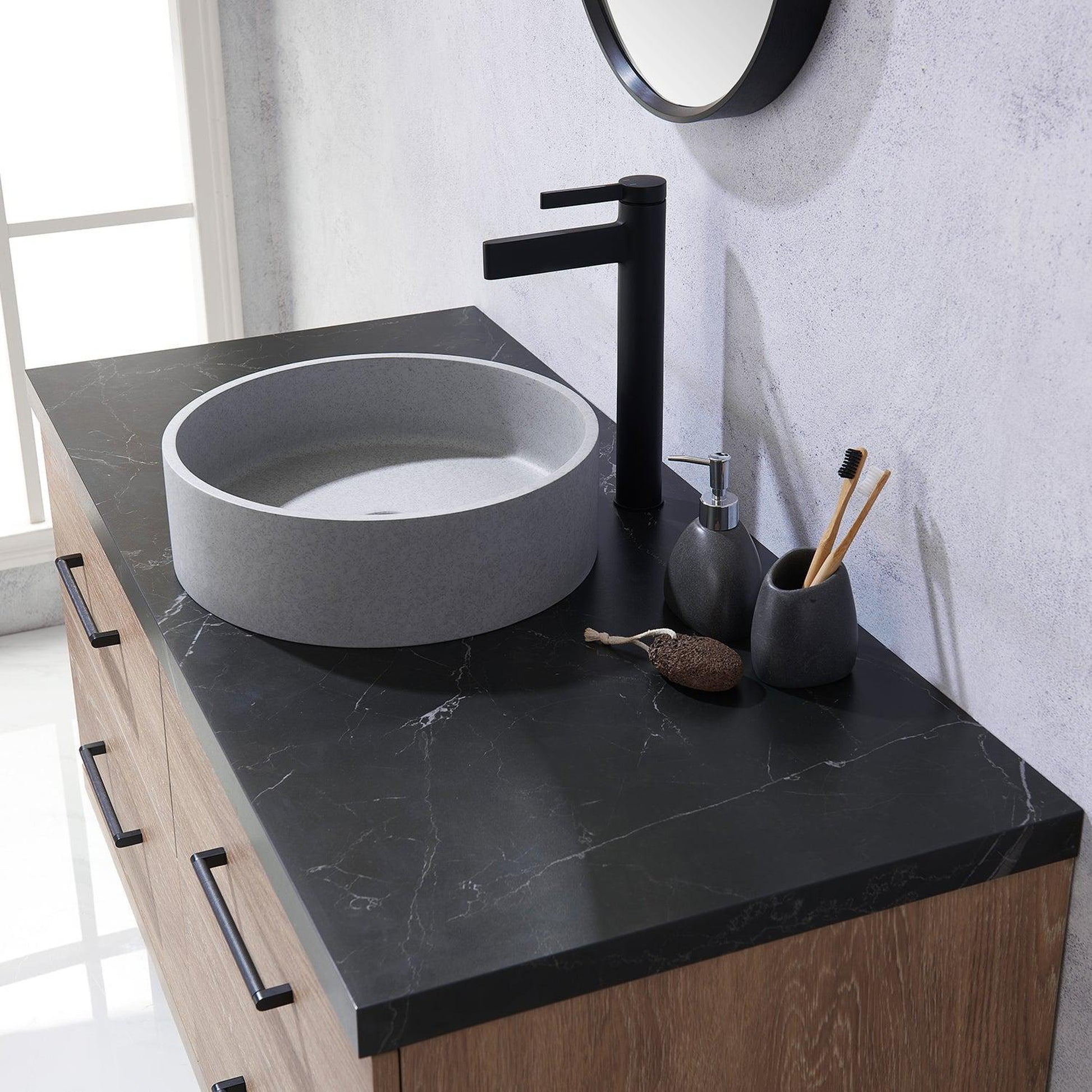 Vinnova Trento 48" Single Sink Bath Vanity In North American Oak With Black Sintered Stone Top With Circular Concrete Sink And Mirror