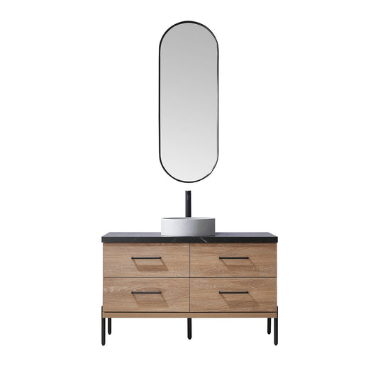 Vinnova Trento 48" Single Sink Bath Vanity In North American Oak With Black Sintered Stone Top With Circular Concrete Sink And Mirror