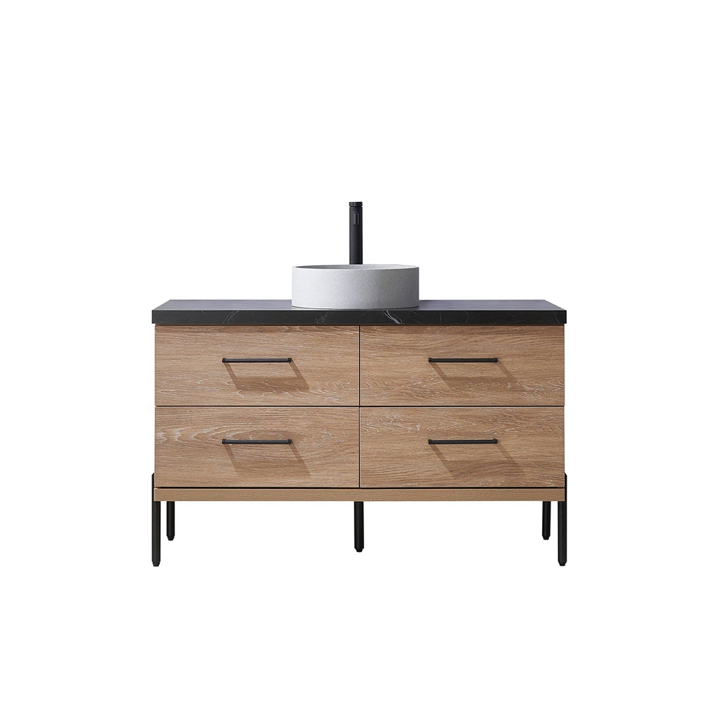 Vinnova Trento 48" Single Sink Bath Vanity In North American Oak With Black Sintered Stone Top With Circular Concrete Sink