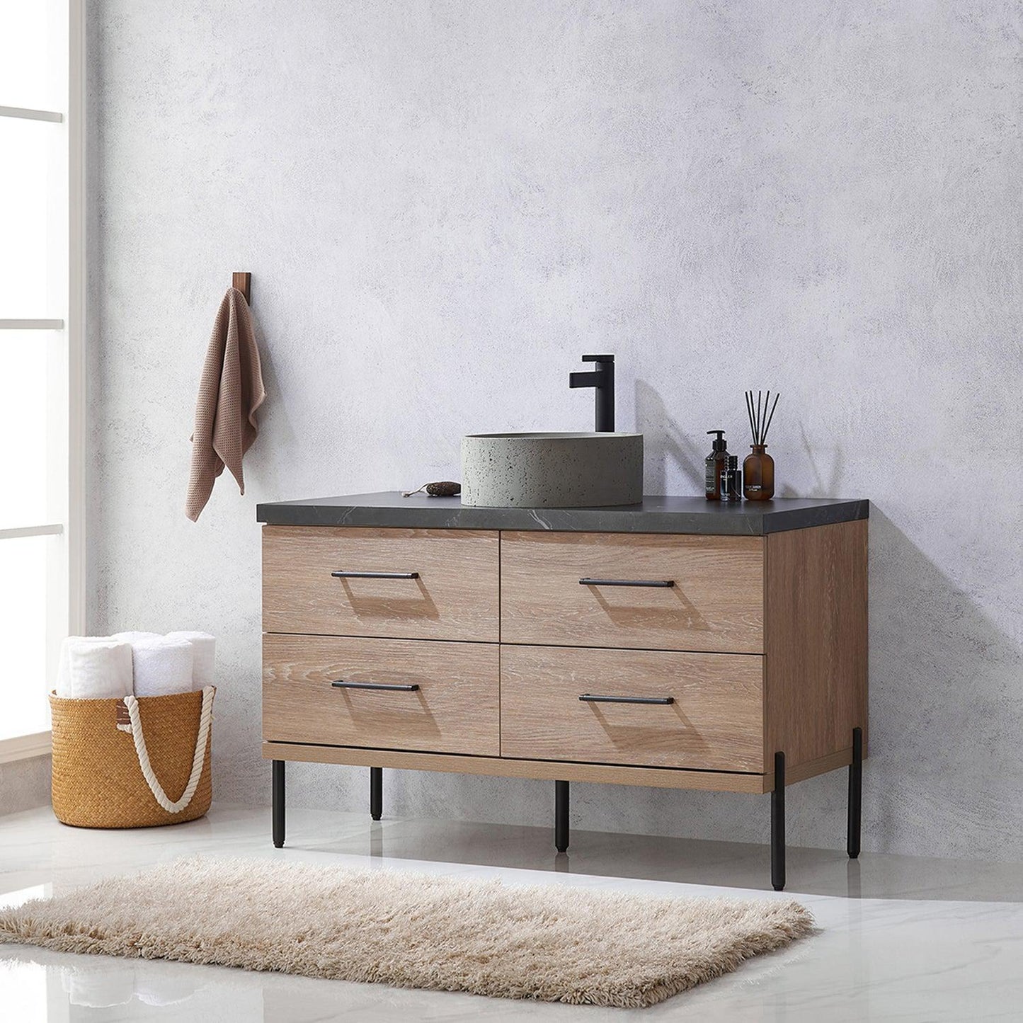 Vinnova Trento 48" Single Sink Bath Vanity In North American Oak With Black Sintered Stone Top With Natural Circular Concrete Sink