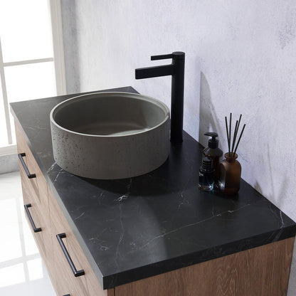 Vinnova Trento 48" Single Sink Bath Vanity In North American Oak With Black Sintered Stone Top With Natural Circular Concrete Sink