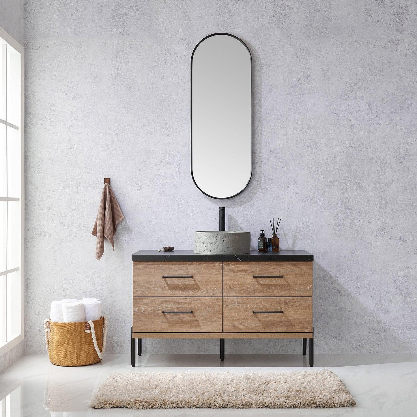 Vinnova Trento 48" Single Sink Bath Vanity In North American Oak With Black Sintered Stone Top With Natural Circular Concrete Sink And Mirror