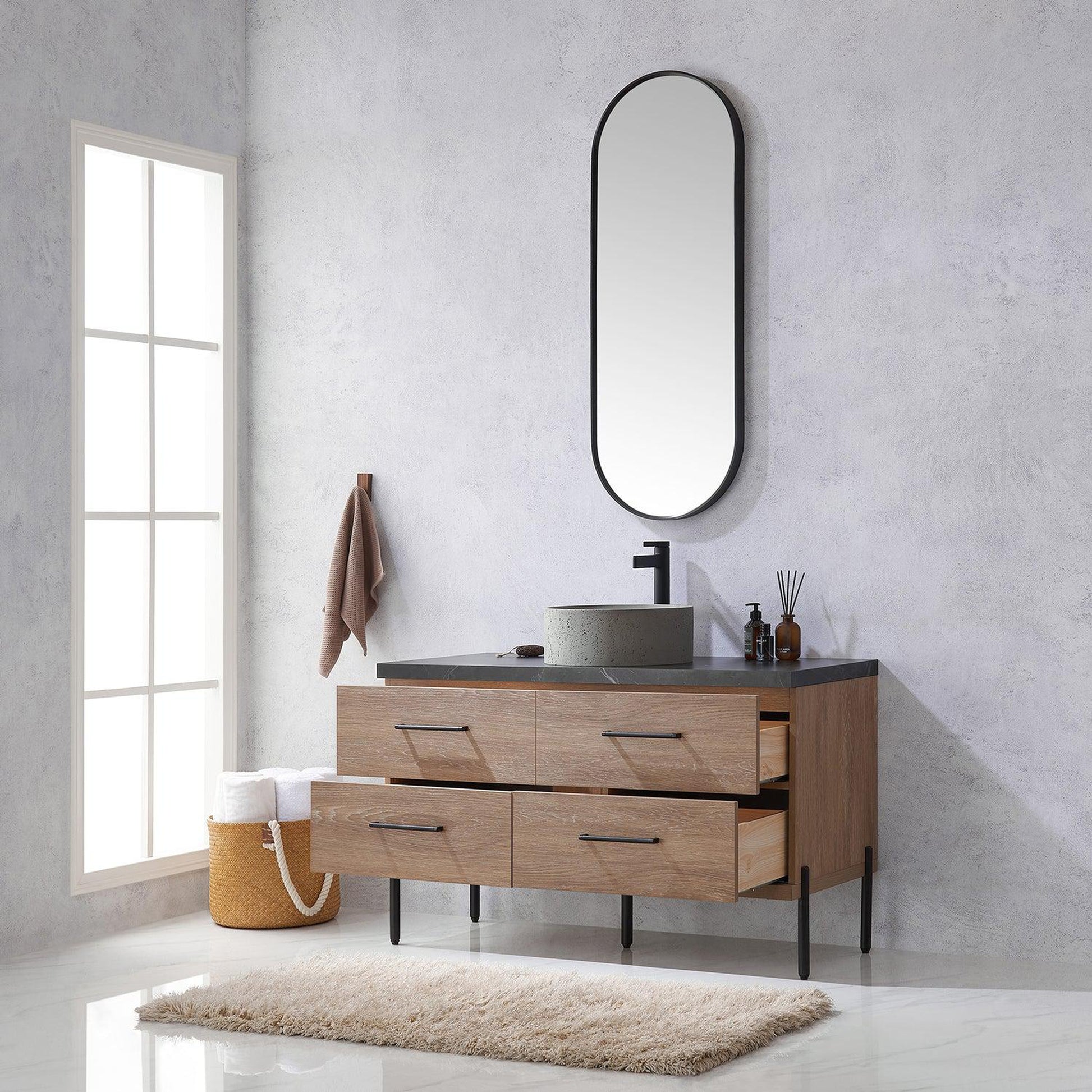 Vinnova Trento 48" Single Sink Bath Vanity In North American Oak With Black Sintered Stone Top With Natural Circular Concrete Sink And Mirror
