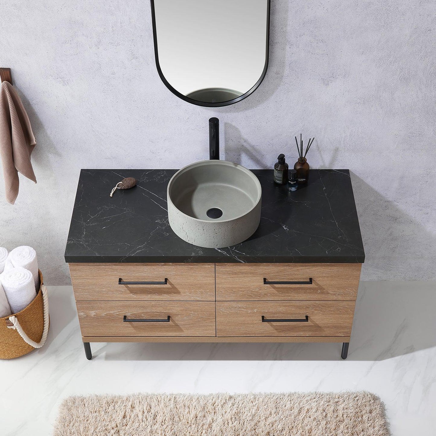 Vinnova Trento 48" Single Sink Bath Vanity In North American Oak With Black Sintered Stone Top With Natural Circular Concrete Sink And Mirror